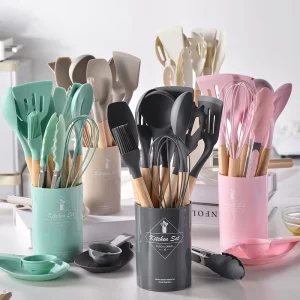 Kids Wood and Silicone Kitchen Utensils Set