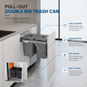 Kitchen Built In Pull Out Dual Trash Bin Cabinet Door Linked Waste Recycling Bin for Home Kitchen Garbage Sorting Organization