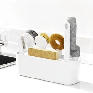 Kitchen Cleaning Tools Set with Detachable Long Handle Multiple Brush Heads and Two-Tier Drainage Storage Base