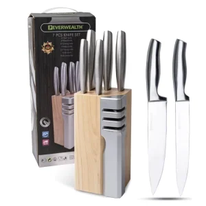 Kitchen Knife Set of 6pcs Stainless Steel Hollow Handle Knives Wooden Block With Built in Knife Sharpener