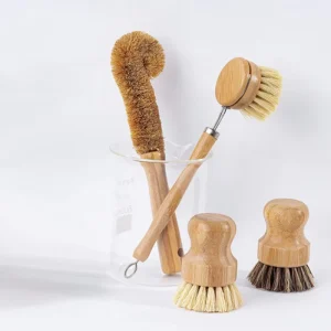 Kitchen Scrub Brush Set All Natural Cleaning Brushes Scrubber with Bamboo Handle and Coconut Fibers Bristles