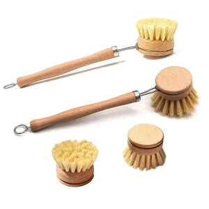 Kitchen Scrub Brush Set All Natural Cleaning Brushes Scrubber with Bamboo Handle and Coconut Fibers Bristles