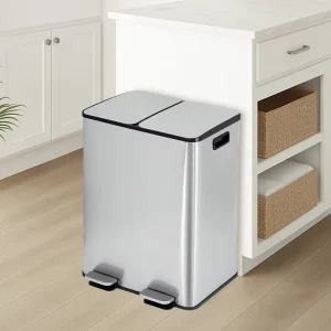 Kitchen Stainless Steel Waste Bins Recycle Trash Can Large 2 Compartments 30L Capacity Soft Closing Foot Pedal Dustbin