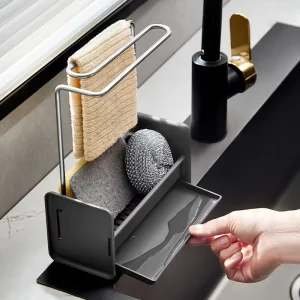Kitchen Storage Rack for Dishwashing Cloths, Towels, and Sponges with Drain Rack