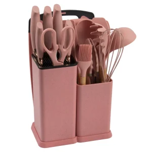 Kitchenware 19 Pieces Silicone Kitchen Utensil Set With Knife Set Chopping Board Holder Wooden Handle