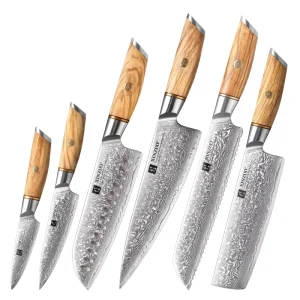 Knife Set Powder Damascus Steel 73 Layers Kitchen Slicing Knives with Olive Wood Handles