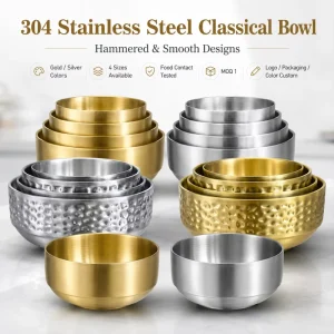 Korean-Style Polished 304 Stainless Steel Double-Layer Electroplated Rice Bowl with Golden Finish