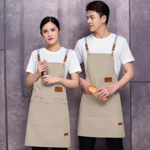 Korean Style Viral Bib Apron Denim Straps Printed Logo Uniform for Bar Restaurant Coffee Tea Shop Staff Made Cotton