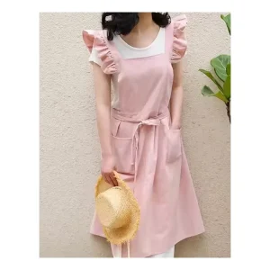 Korean Stylish Ruffled Cap Cotton Linen Sleeveless Personalised Cross Back Custom Logo Apron with Large Pockets