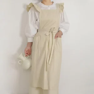 Korean Stylish Ruffled Cap Cotton-Linen Sleeveless Personalised Cross Back Custom Logo Cooling Waist Apron with Large Pockets