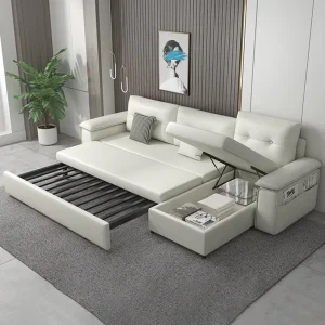 L-Shaped Leather Sofa Bed with Storage, Pull-Out Design