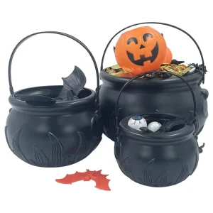 Large Medium Small Flame Themed Witch Halloween Decorative Plastic Buckets for Holiday Party Supplies and Candy Jars