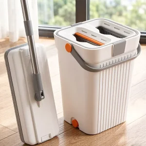 Large Microfiber Sliding Self Wringer Extendable Stainless Steel Handle Durable Hands Free Mop Plastic Basket Set Flat Mop