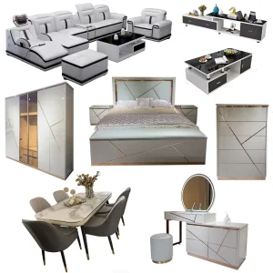 Large Wooden Furniture Set with Sofa, Dining Table, Chairs, Bed and Nightstand