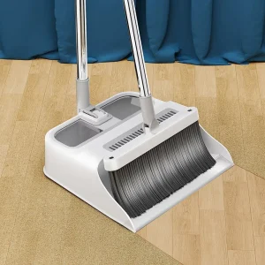 Lightweight Stainless Steel Dustpan Set with Broom Combo Soft PET Bristles Upright Stand for Home Kitchen Use