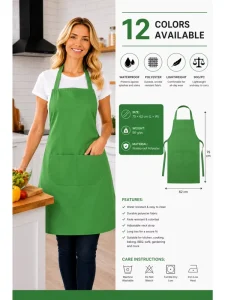 Lightweight Waterproof Polyester Apron with Pocket Adjustable Neck Apron for Kitchen Cooking and BBQ