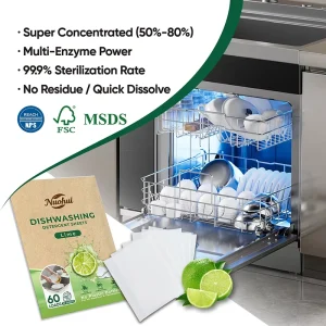 Lime Scent Plastic free Dishwasher Detergent Cleaning Sheet Family Kitchen Dish Washing Tablets
