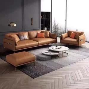Living Room Sofa Set with Cognac Top-Grain Leather and Integrated Magazine Pocket