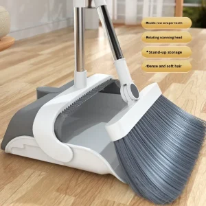 Long Handle Aluminum Broomstick Plastic Broom Dustpan Set with Foldable Upright Stand for Home Kitchen Office or Lobby Use