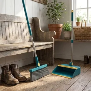 Long Handle Broom Dustpan Set Extended Comb Teeth Polyester Bristles Plastic Dustpan Heavy Duty Durable Sweeping Kit for Home