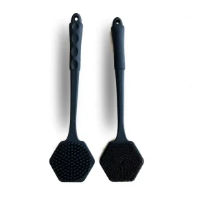 Long Handle Double-Sided Thick Silicone Hand Cleaning Brush Bath Body Scrubber Shower with Soft Bristle Exfoliating Massage