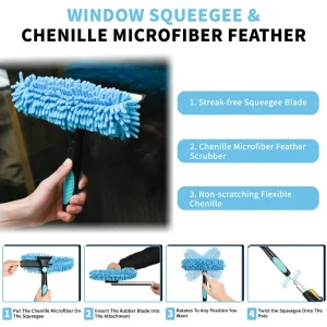 Long Handle Double Use 2 in 1 Squeegee Microfiber Chenille Removable High Rise Extendable Window Squeegee for Household Cleaning