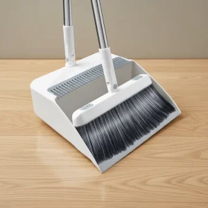 Long Handle Metal Broom and Dustpan Set with Soft Flagged Bristle and Plastic Dustpan for Home Floor Cleaning