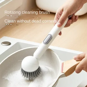 Long Handle Plastic Liquid Adding Rotating Pot Brush for Kitchen Use Multifunctional Cleaning Brush Household