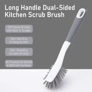 Long Handle Pot Cleaning Brush with Stiff Bristles Kitchen Cleaning Brush with Scraper DualSided Dish Brush for Kitchen Bathroom