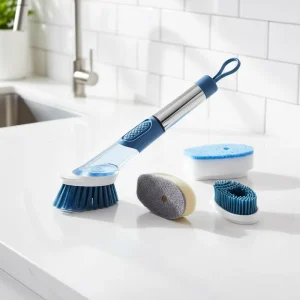 Long-Handle Soap-Dispensing Dish Cleaning Brush with Interchangeable Head