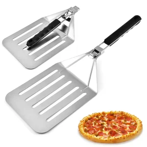 Long Handle Stainless Steel Foldable Pizza Shovel Peel Paddle with Wooden Grip for Baking Stone Ovens and Homemade Pizza