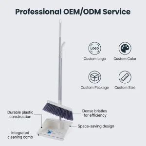 Long-Handle Standing Broom and Dustpan Set with Scraper Teeth