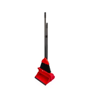 Long Handle Windproof Broom Dustpan Set Red Plastic Scoop Black Steel Pole Ideal For Home Office Commercial Upright Storage
