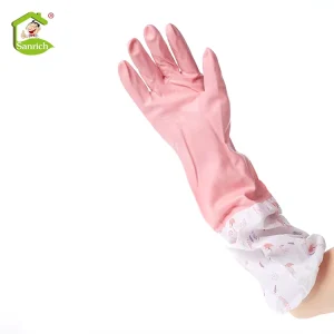 Long Household Kitchen Items Pink Rubber Latex Cotton Flock Lined Dishwashing Gloves