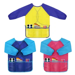 Long Sleeve Kids Smock Waterproof Bib Apron with Three Pockets for Painting Drawing and Cleaning