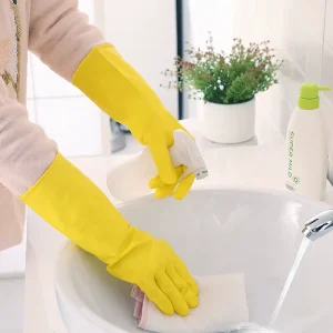 Low MOQ 40g Yellow 30cm Flocklined Household Rubber Latex Gloves for Kitchen Cleaning and Laundry