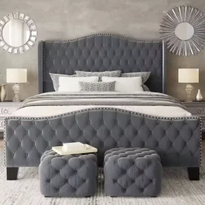 Luxury American Style Velvet Tufted Bed Frame with Matching Ottoman Set for Hotel Bedroom Furniture Collection