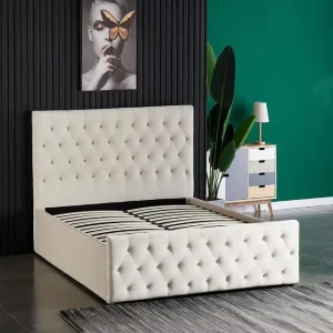 Luxury California Modern Lift up Storage Bed Up holstered Tufted Beige Velvet Double Queen king Bed Frame