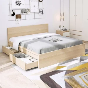 MDF Wooden Bed Frame with 4 Storage Drawers, Full, Double, Queen, or King Size