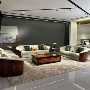 Manufacturer Luxury Natural Wood Veneer Genuine Leather Couch Living Room Sofa Set Designed for Villa Hotel