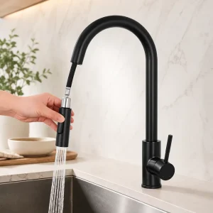 Matte Black Stainless Steel Pull-Down Kitchen Faucet with Dual-Function Spray Head
