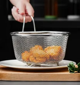 Mesh Vegetable and Fruit Basket, French Fry Frying Basket and Kitchen Strainer with Handle