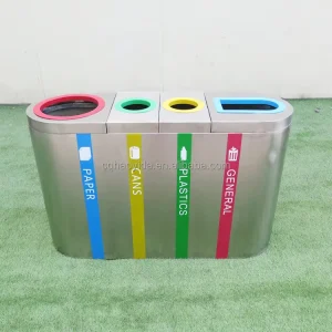 Metal 4 Compartment Trash Bin 201 Stainless Steel Outdoor Recycling Waste Container for Street Park