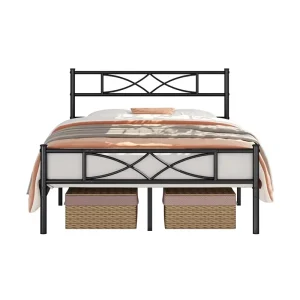 Metal Platform Bed Frame with Diamond Pattern Headboard, Steel Slat Support, and Under-Bed Storage