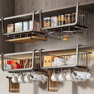 Metal Punch-Free Hanging Basket Kitchen Cabinet Storage Rack Removable Installation
