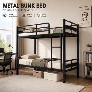 Metal Twin-over-Twin Bunk Bed with Ladder and Guardrail