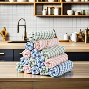 Microfiber Cationic Striped Kitchen Cleaning Towel Eco Friendly Cut Edge Coral Velvet Brush Bowl Cloth 30g