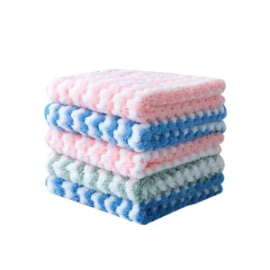 Microfiber Cationic Wipe Coral Fleece Absorbent Striped Hand Towel Oil Free Dishwashing Kitchen Cleaning Wipe Scrubbing Cloth