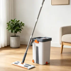 Microfiber Cleaning Set Stainless Steel Telescopic Handle Self Wringer Durable High Capacity Plastic Basket Flat Mop