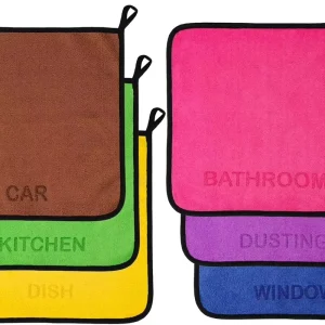 Microfiber Color Coded Dish Rags Reusable Cleaning Clothes with Printed Use Labels for Car Care and House Cleaning